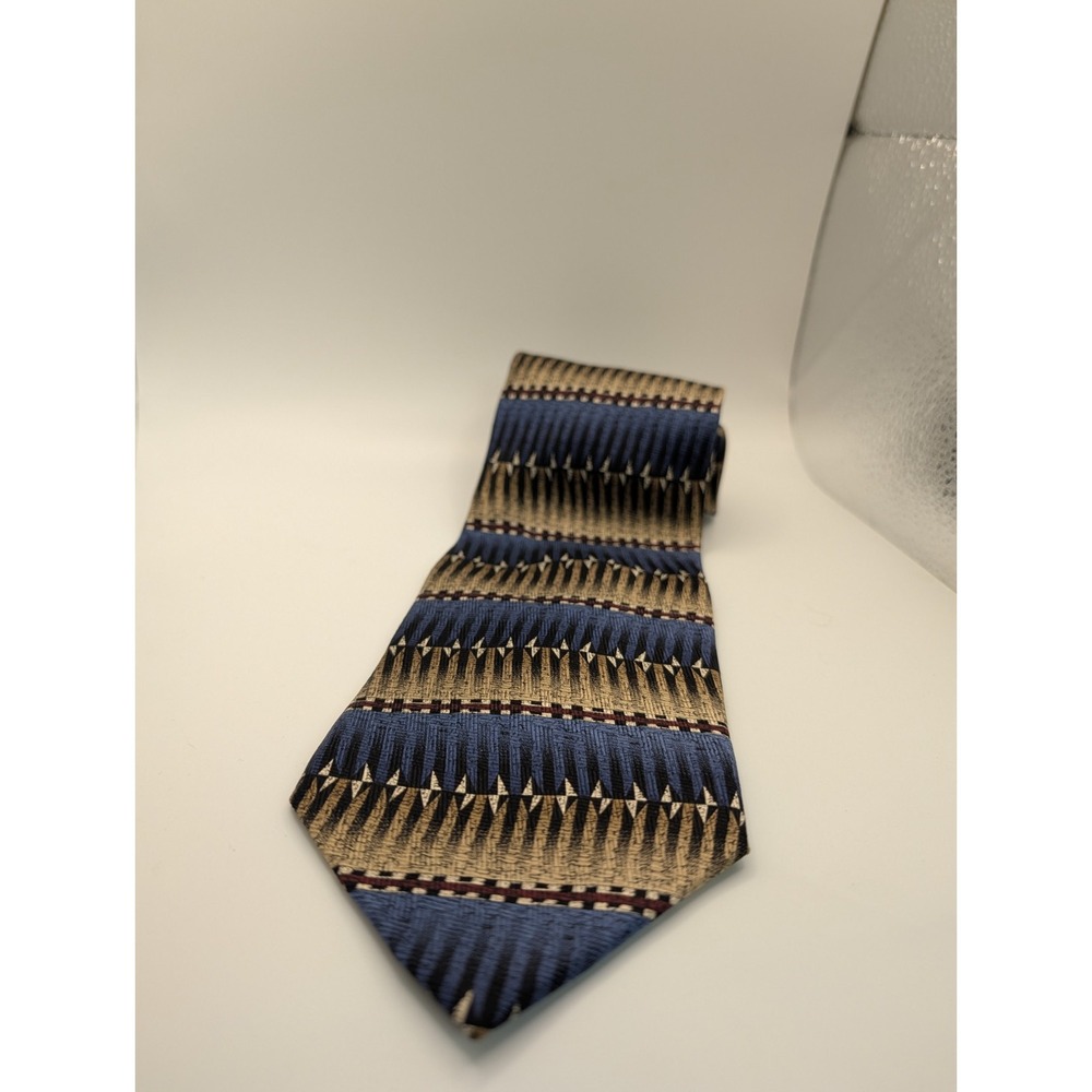 Chez Roffe New York Men's Tie 100 Silk Blue Beige Geometric Pattern